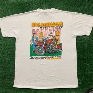 Vintage 90s Big Johnson Motorcycles T-Shirt Single Stitch White Funny Sex Humor